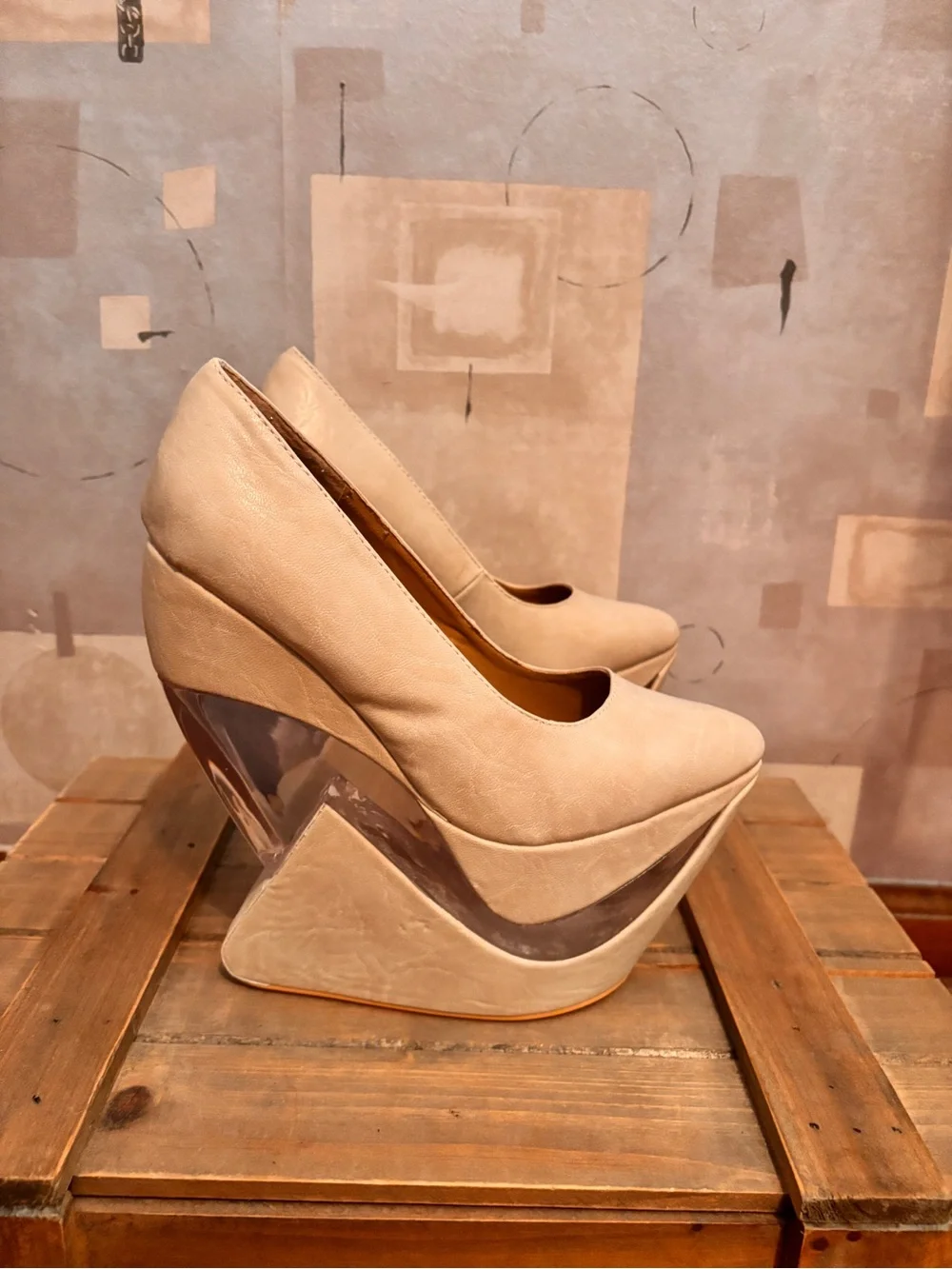 Beige Platform Wedge Pumps